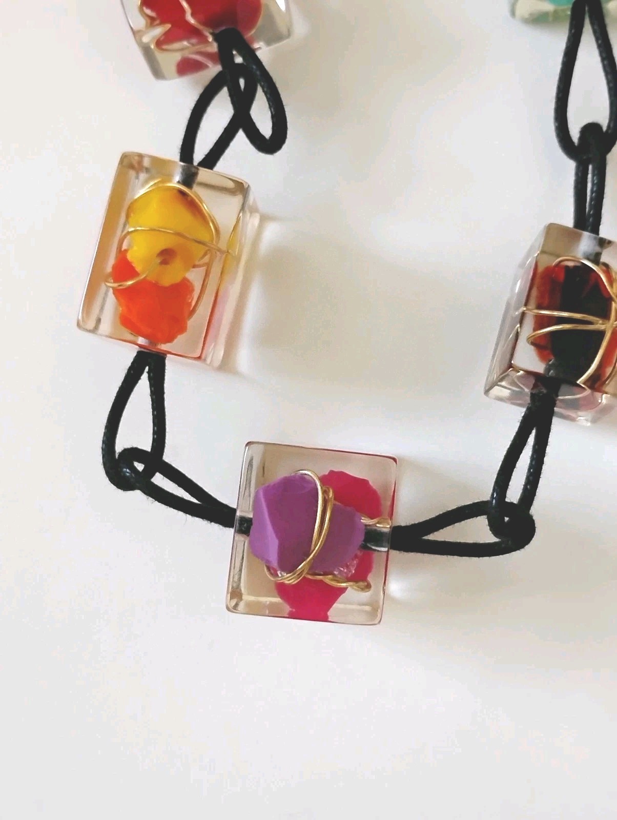 Sobral Jackie Brazil Resin Cubes Colorful Gold Wire Wrapped Inclusions Necklace