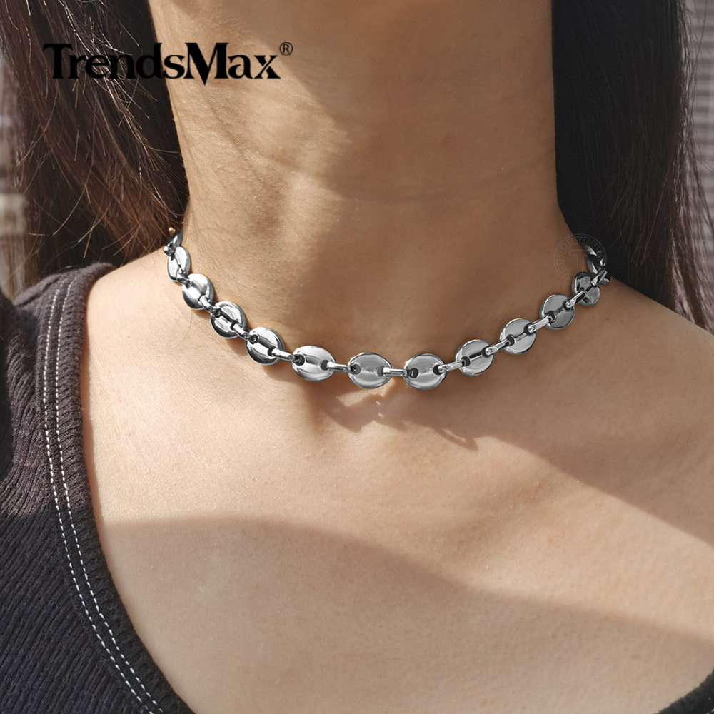 9mm 22″ Silver Stainless Steel Coffee Beans Marina Chain Necklace