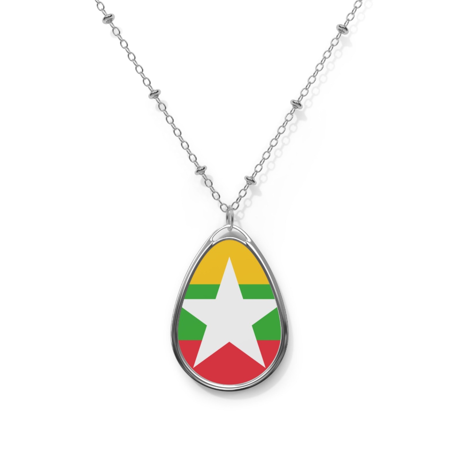 Myanmar Flag Oval Necklace – Burmese Heritage Pendant – One Size / Silver