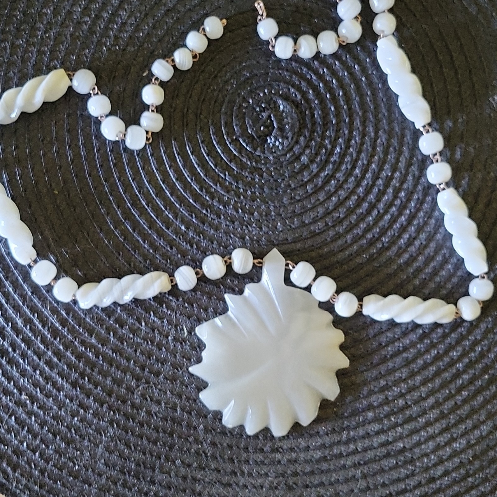 White Glass Beaded Necklace Round Charm Pendant Hook Closure Ball/Bead Chain