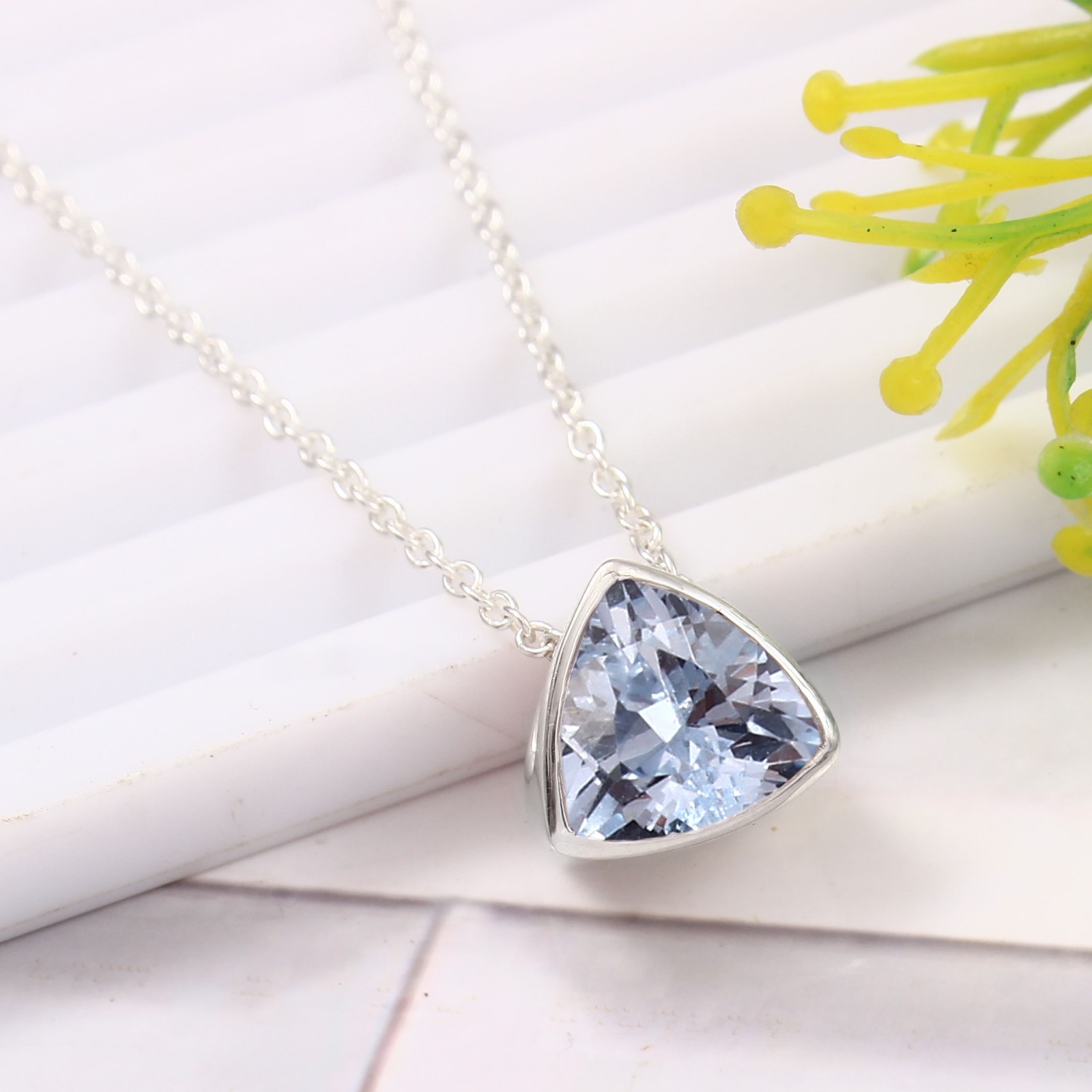 AAA Aquamarine Pendant 925 Sterling Silver Necklace Birthday Gift Trillion 10 MM