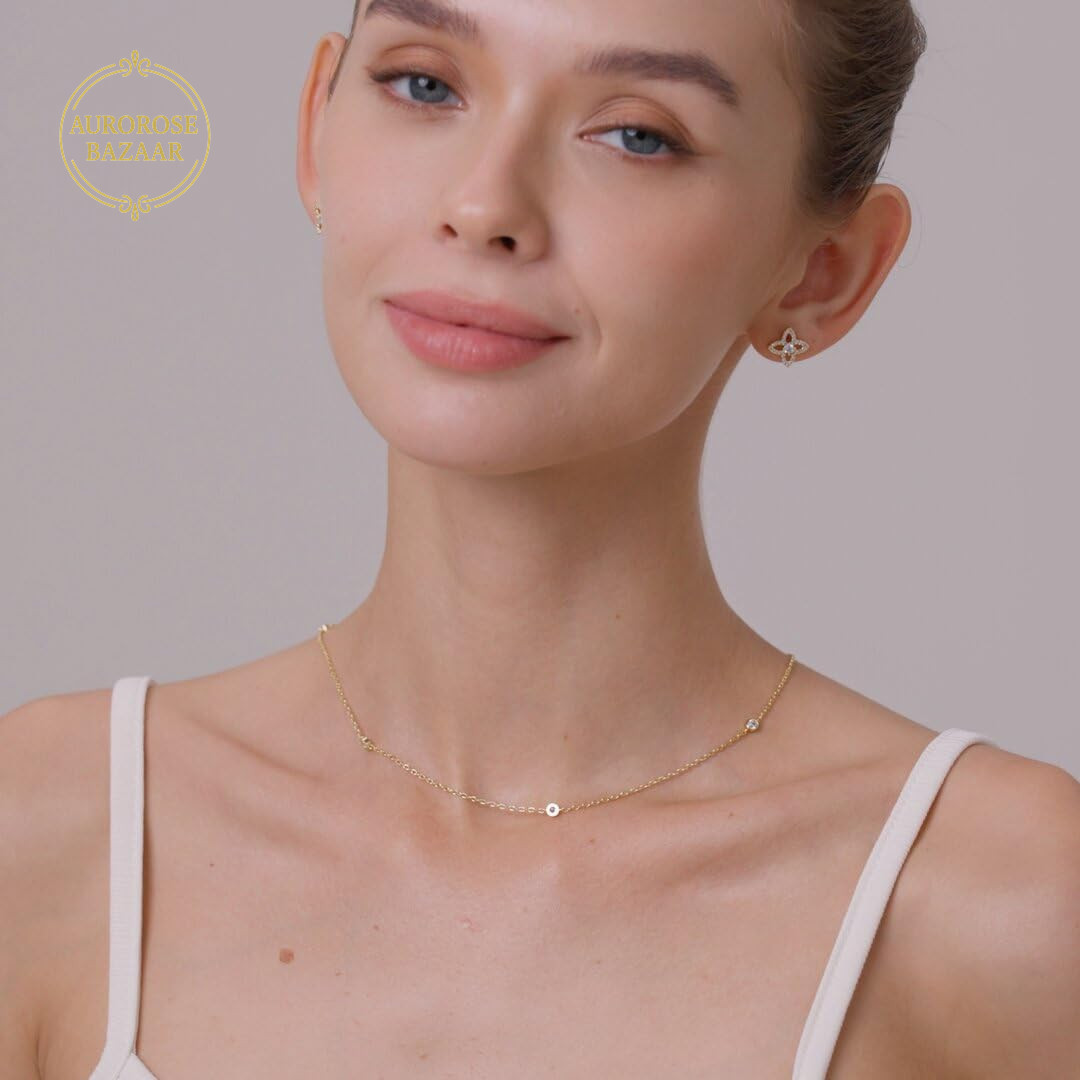 14K White/Yellow Gold Plated Station Necklace | Cubic Zirconia Dainty Chain Neck