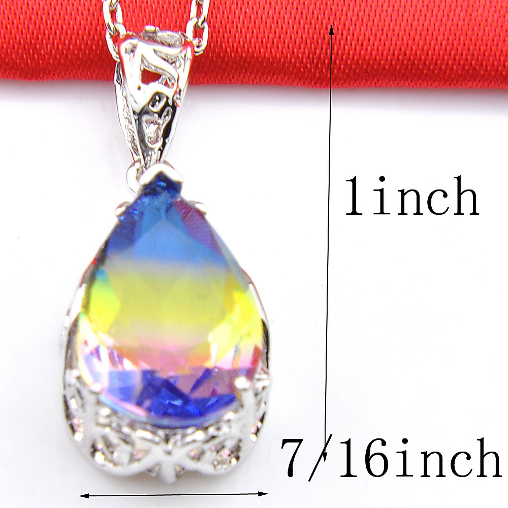 European Teardrop Rainbow Bi Color Tourmaline Gems Silver Necklace Pendants