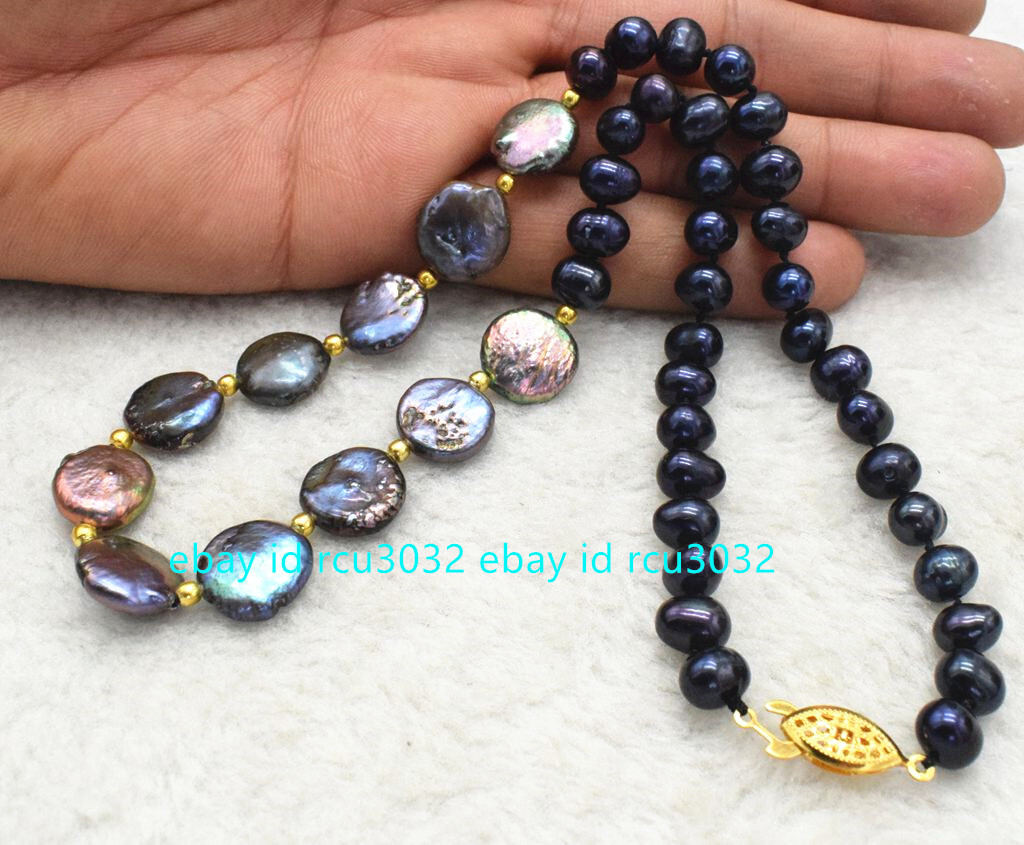7-8mm Natural Black Pretty Cultured Pearl & 12-13mm Coin Pearl Necklace 20″