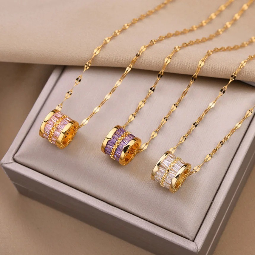 Women Necklace Cubic Zircon Pendant 18K Gold Plated Stainless Steel Jewelry Gift