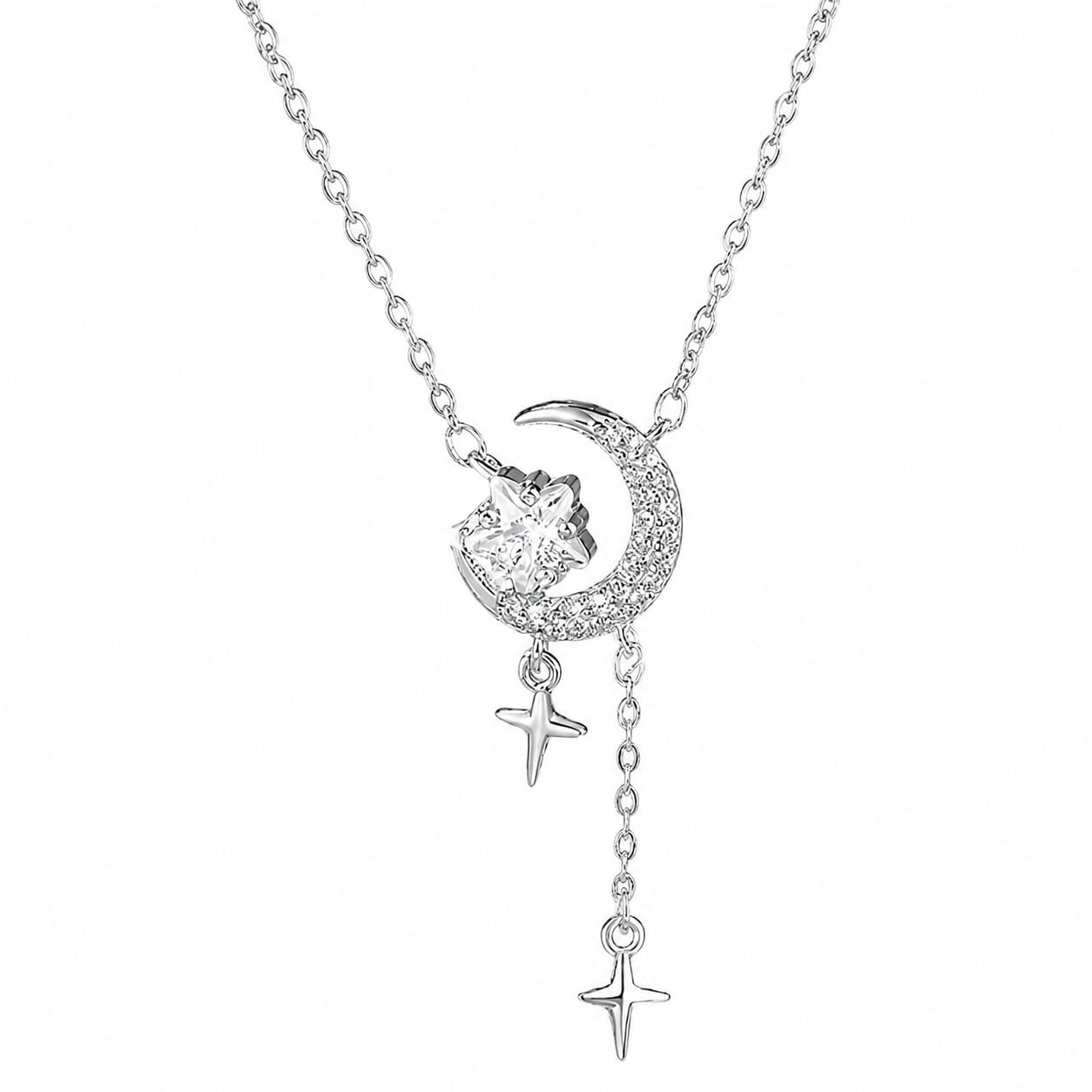 Moon Necklace Silver Moon Star Pendant Y-shaped Dainty Necklace for Adults We…