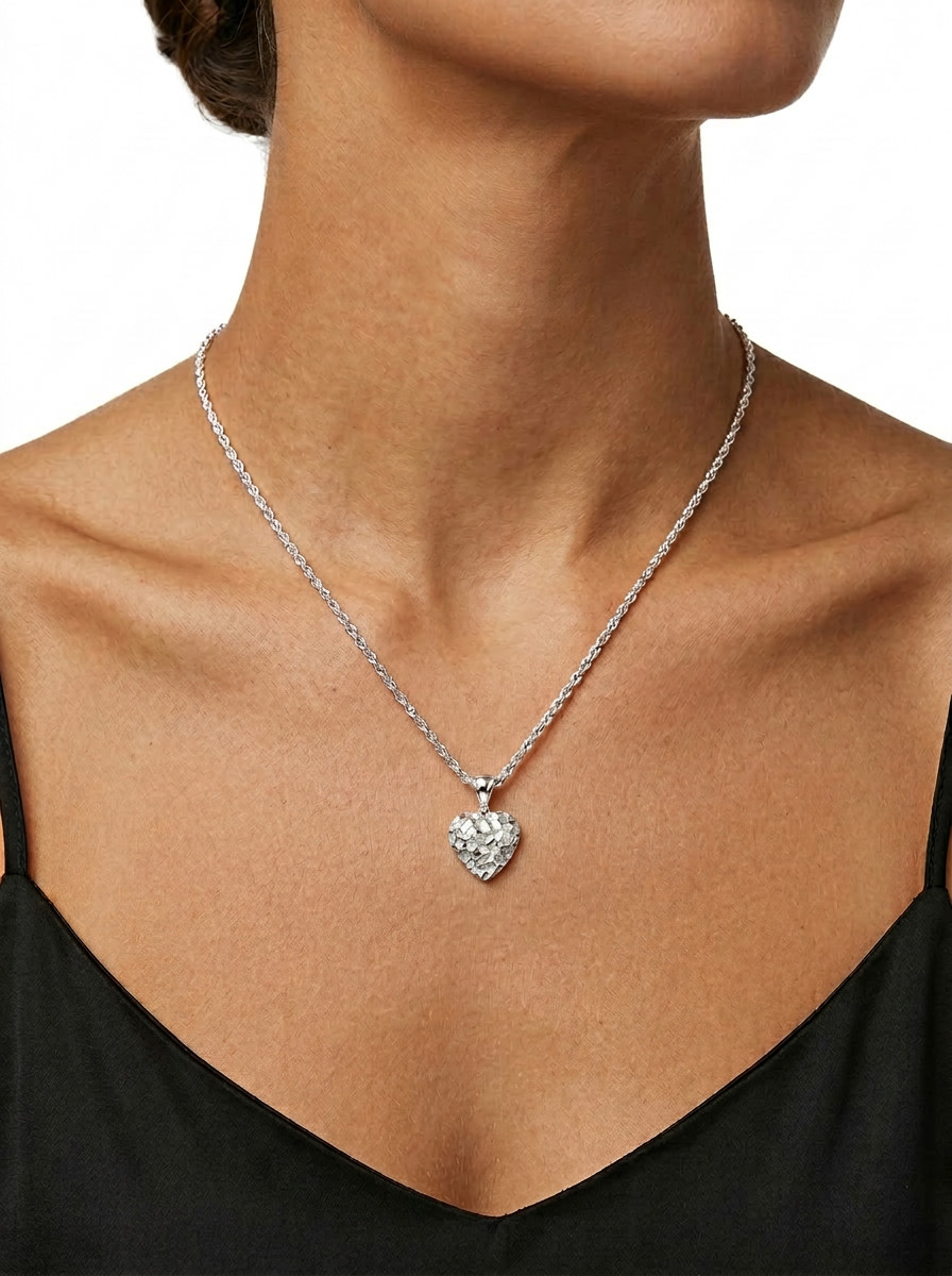 Silver Nugget Heart Necklace: 16mm Heart Pendant, 1mm Rope Chain for Women