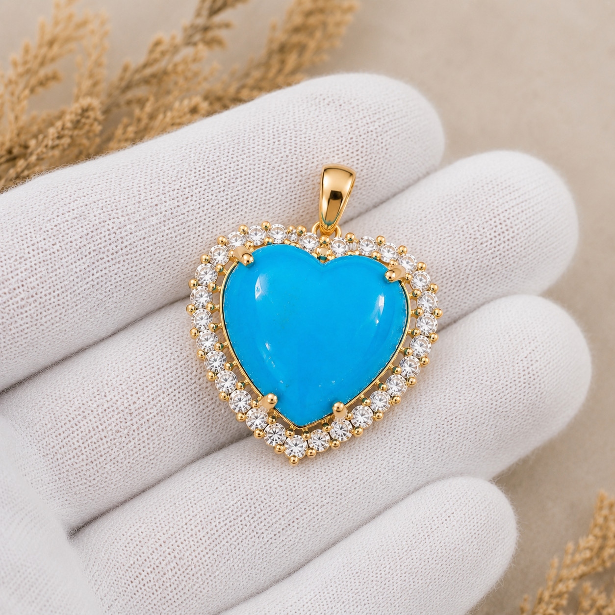 Turquoise Heart Pendant Brass CZ Halo Necklace Charm Gift for Her