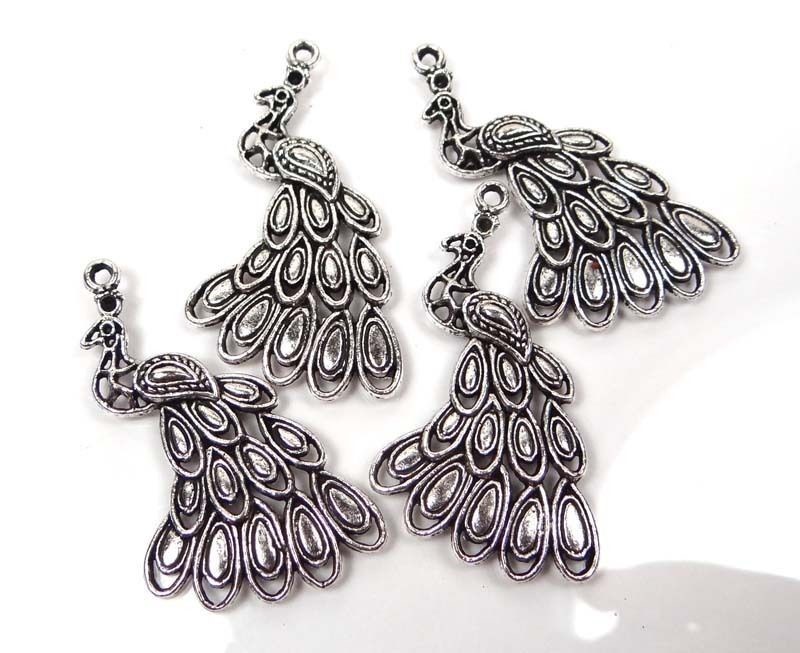 4 Antiqued Silver Pewter Peacock Pendant Charm 42x25mm
