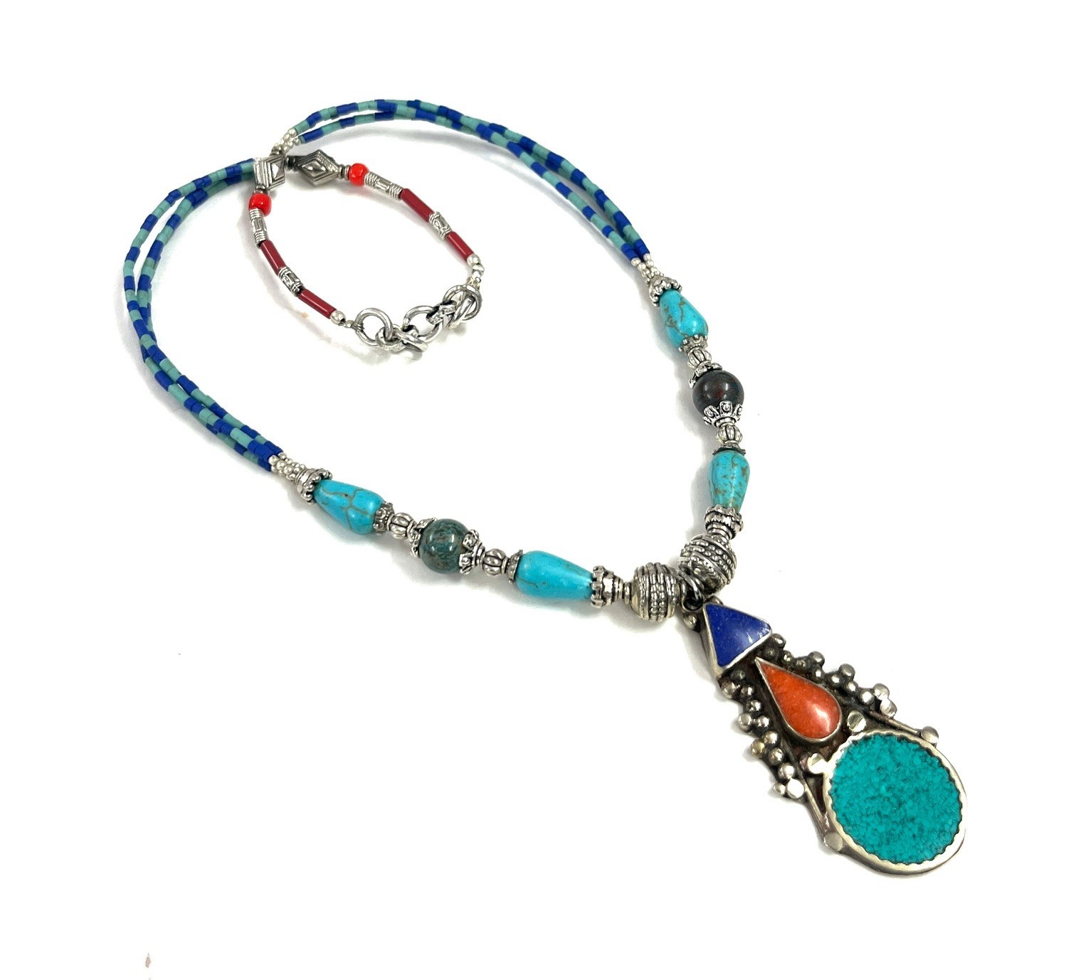 Tibetan Turquoise Lapis Gemstone Handmade Necklace Jewelry, 17 Inch Adjs