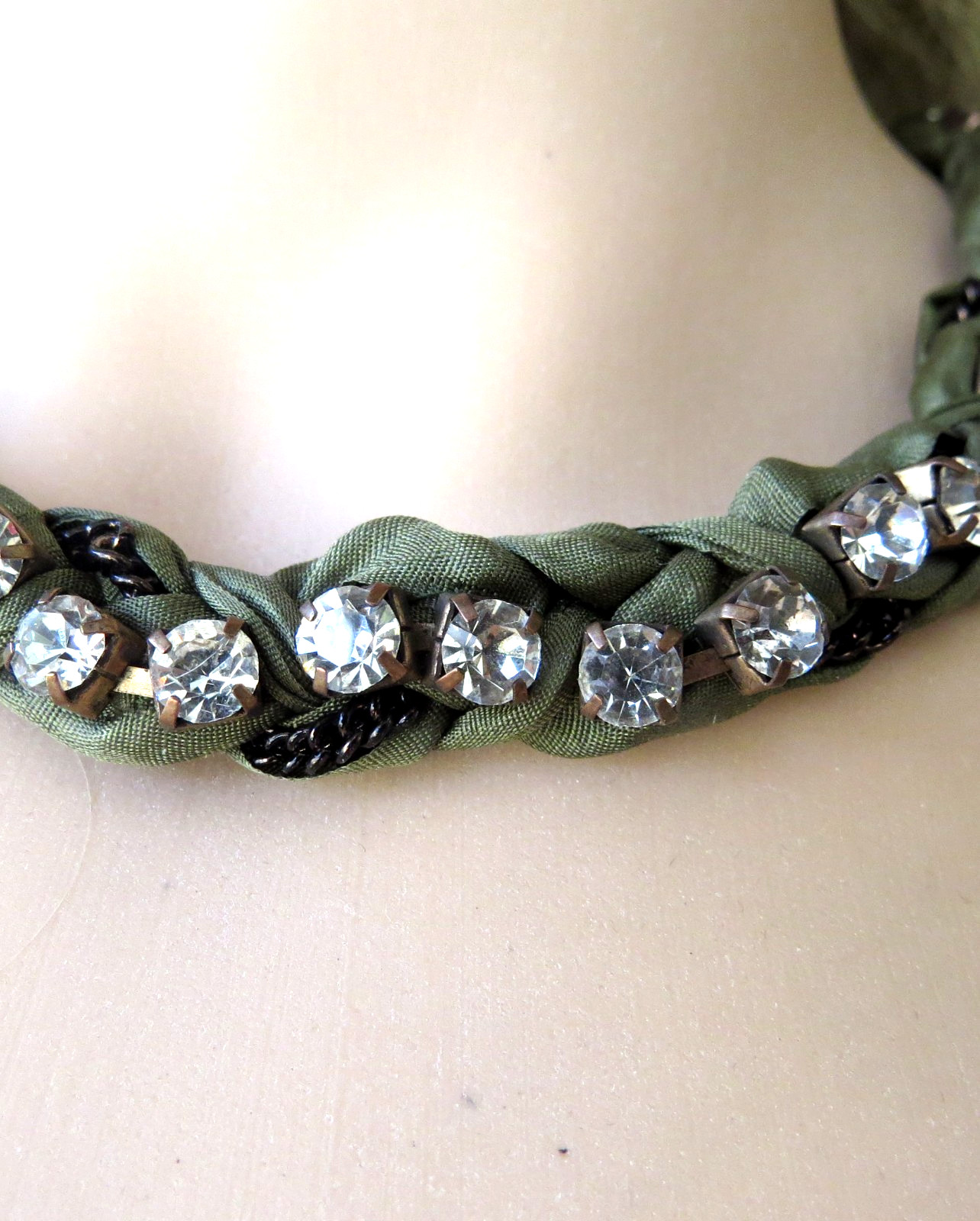 J Crew braided clear rhinestone olive ribbon black bead adjustable dress up/down
