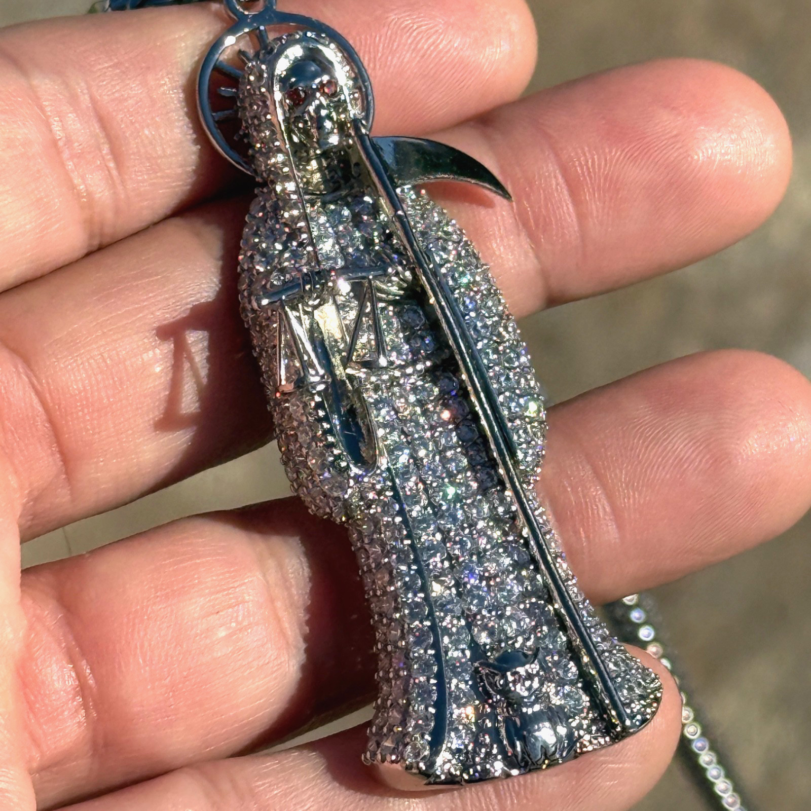 La Santa Muerte Pendant Cadena 3.5″ w/Stainless Steel Franco Chain Necklace 30″