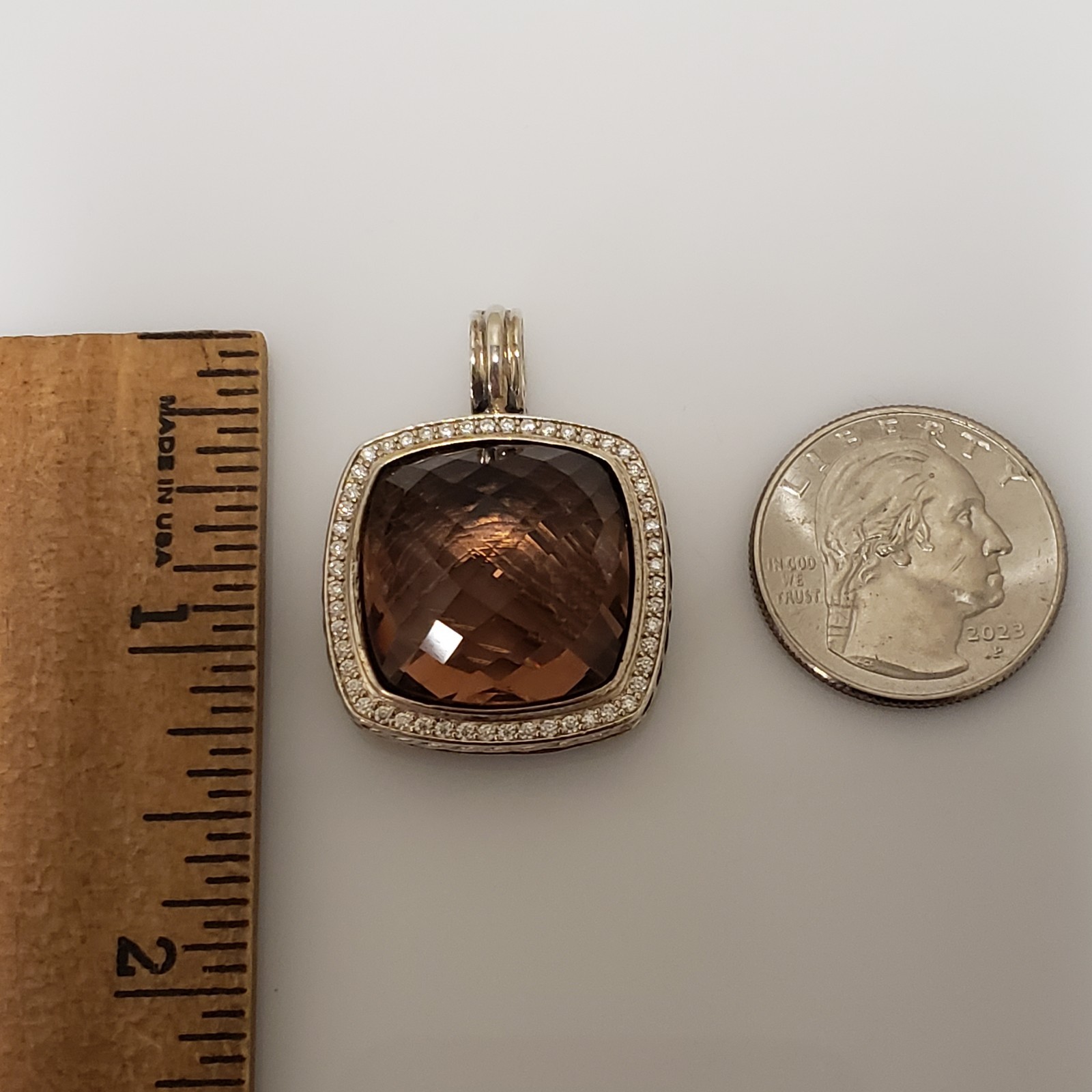 David Yurman Albion Collection Sterling Smoky Quartz Diamond 26mm Pendant .53