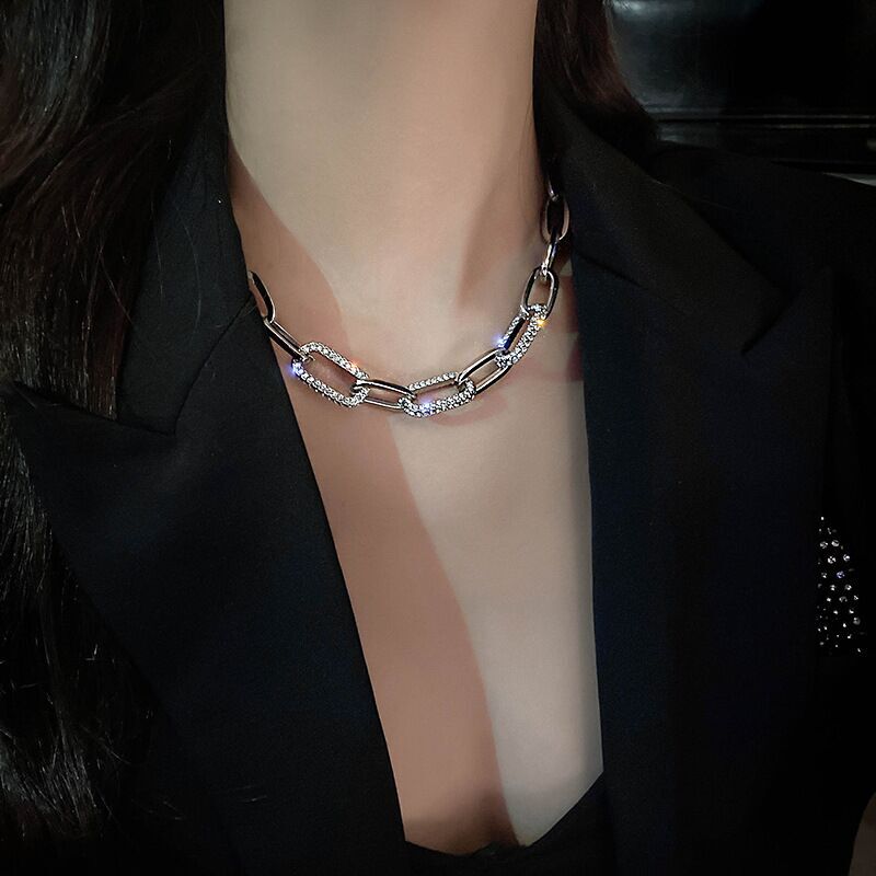 20mm Thick Wide Woman 18K Gold Plated Rolo Link Chain CZ Starry Necklace Choker