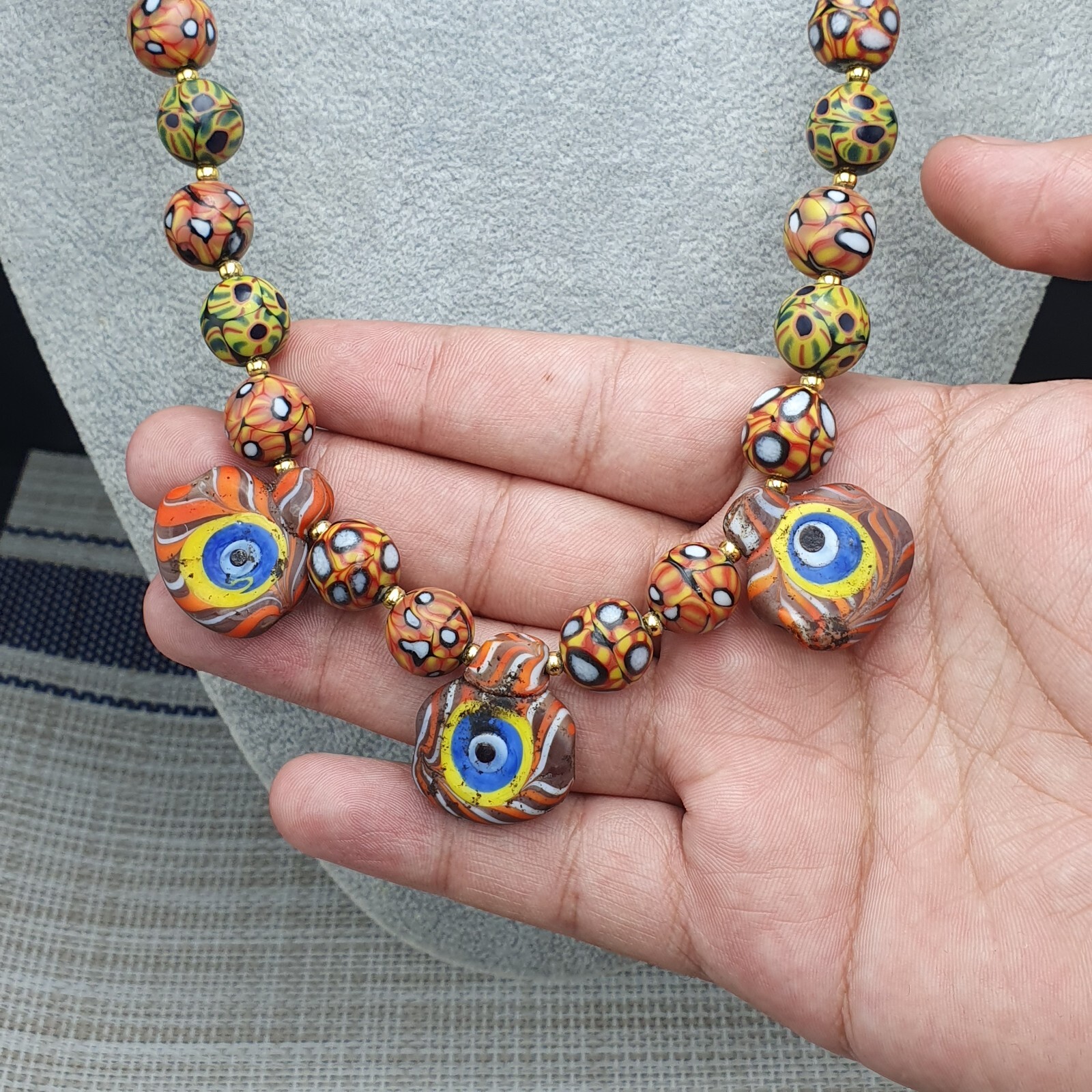 Vintage Venetian Style Eyes Glass with Old 3 Eyes Glass Beaded Necklace