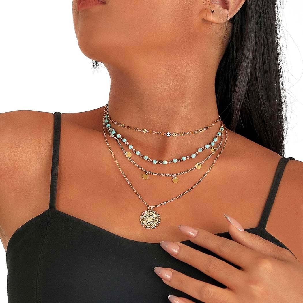 Aiosy Boho Layered Necklace for Women Turquoise Dainty One Size, Gold