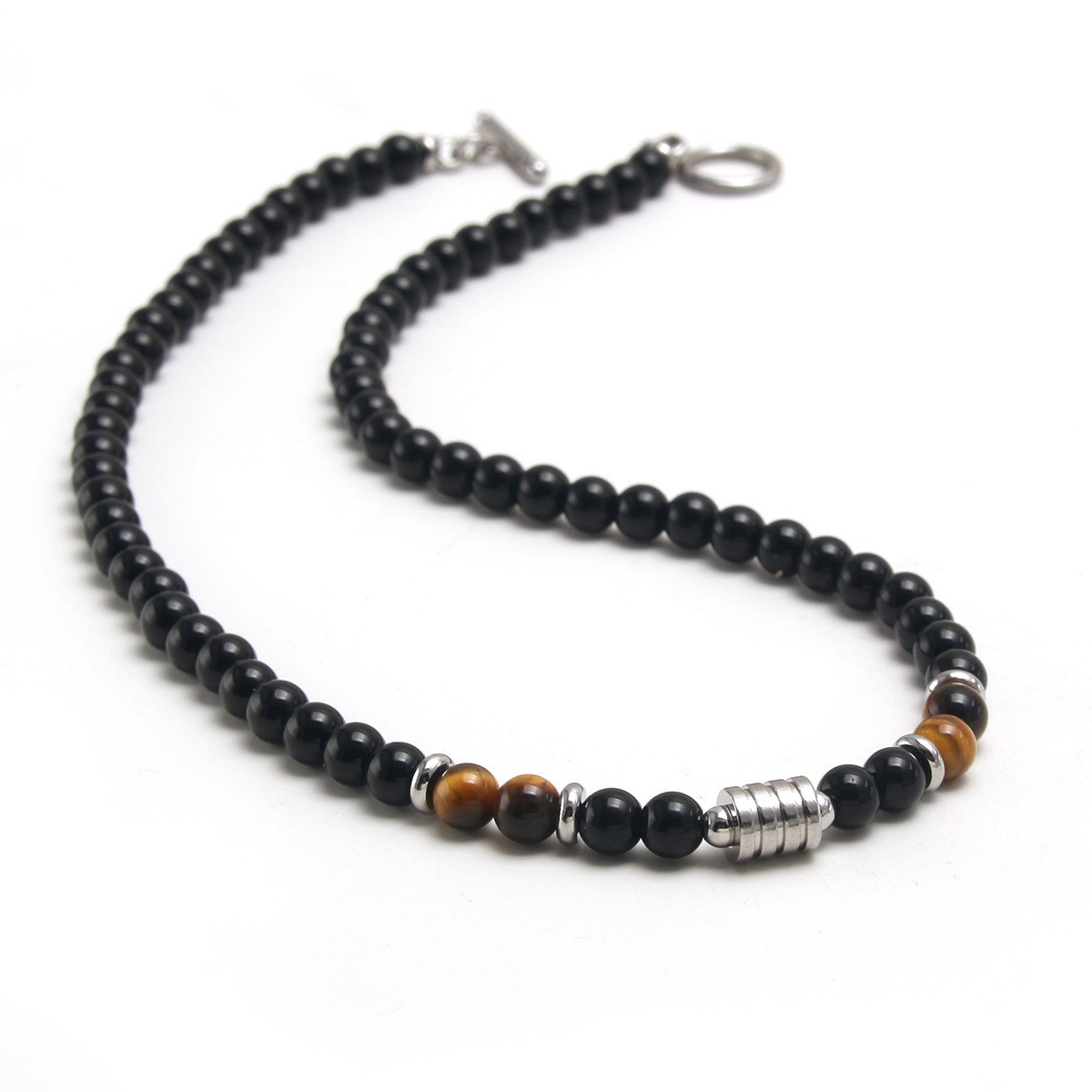 Mens Tiger Eye Black Beaded Necklace Stainless Steel OT Clasp Boho Healing Gift