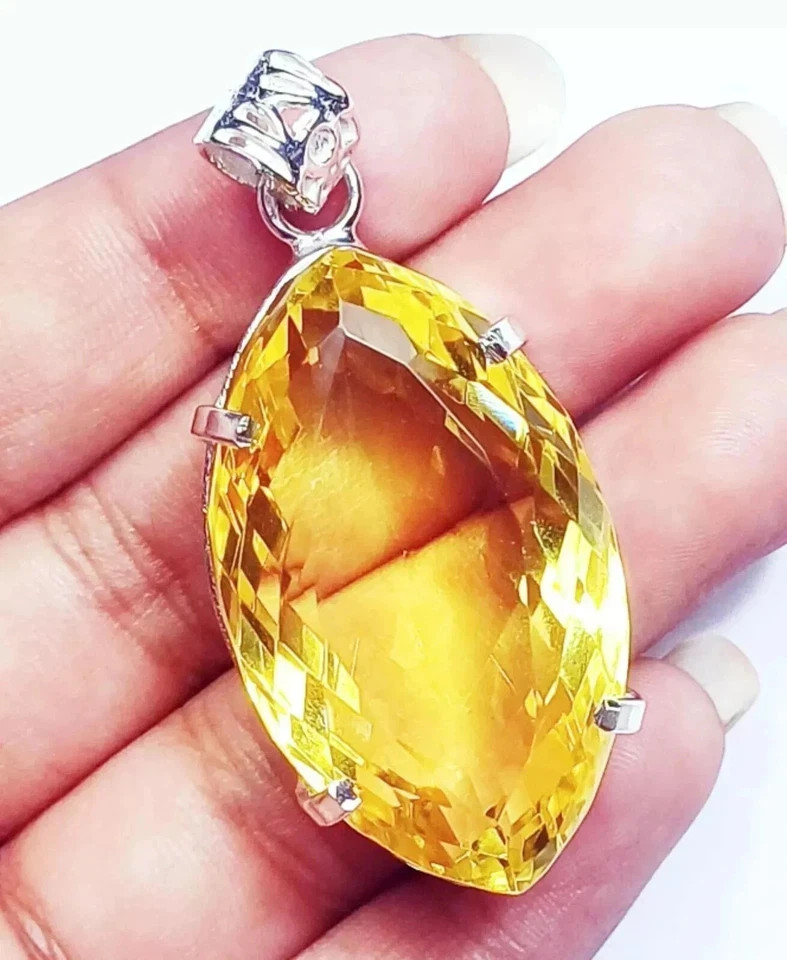 74 CT+ Flawless Yellow Topaz Pendant 925 Sterling Silver Plated Jewelry