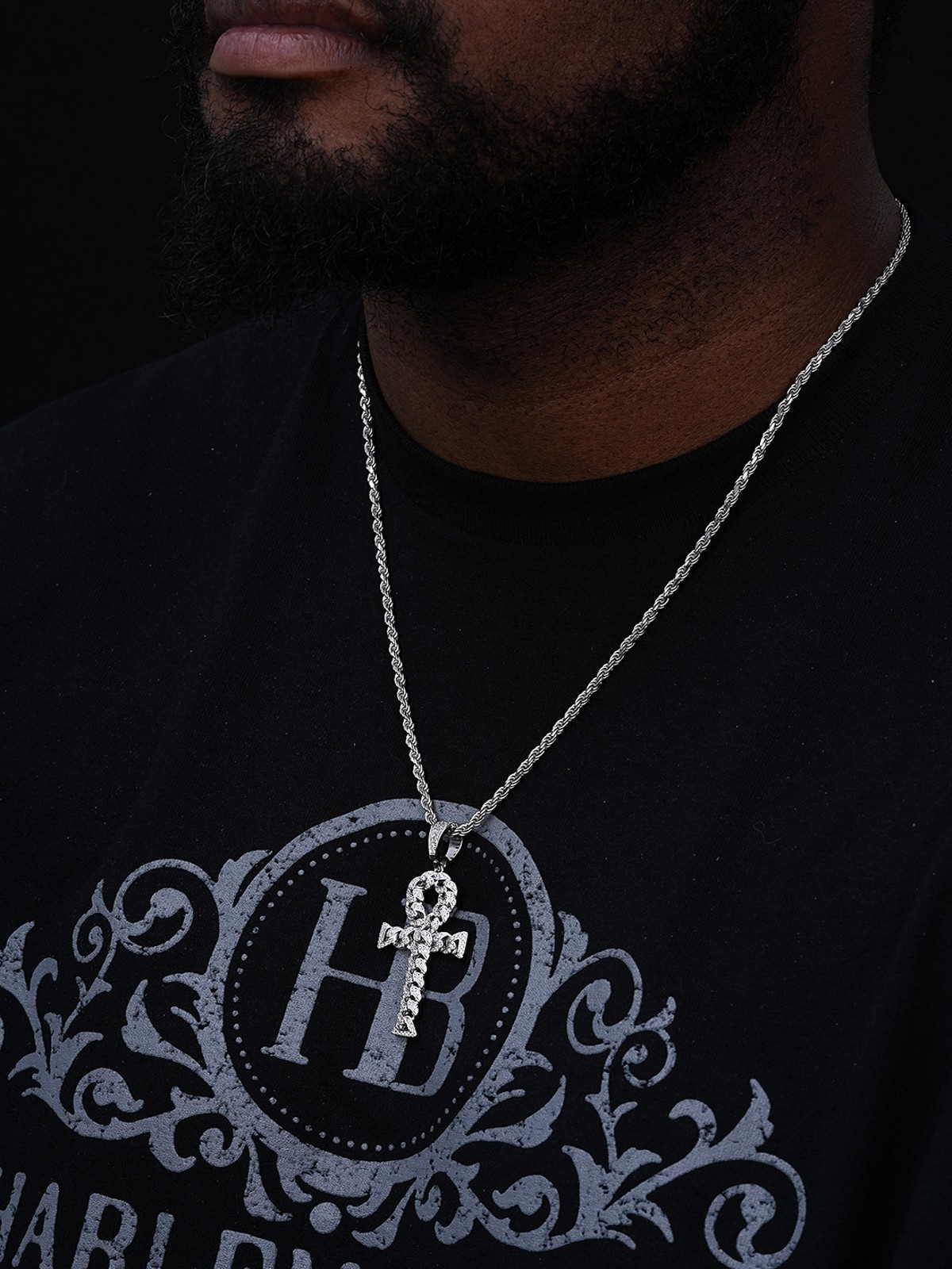 Ankh Cuban Link Cross 14k Gold Plated Solid 925 Sterling Silver Pendant 1ct CZ