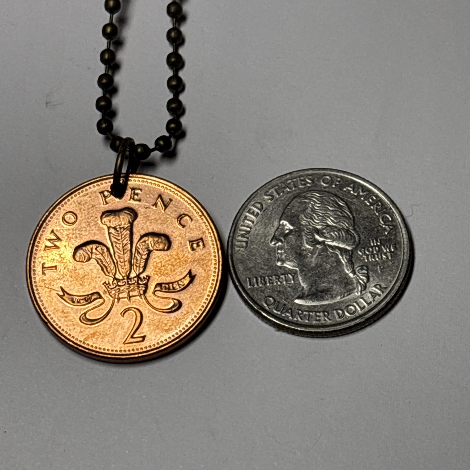 UK 2 Pence Coin Pendant Prince of Wales Plume Welsh Ostrich. Wear History!