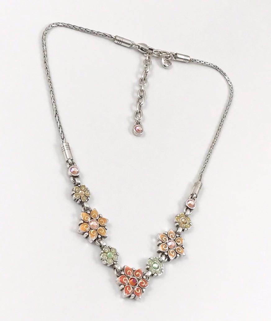 Brighton Garden Of Eden Multi Color Crystal Enamel Silver Flower Necklace. #1160