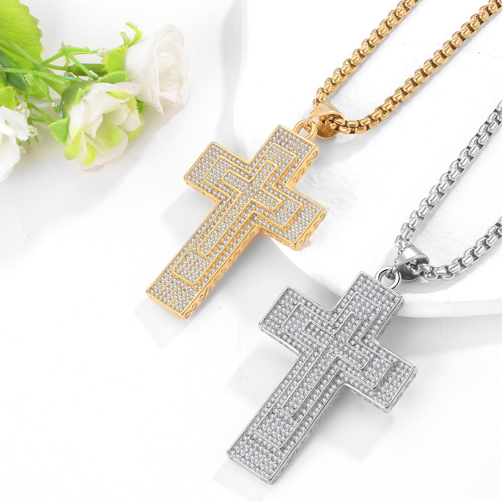 Mens Boys Hip Hop Large CZ Cross Stainless Steel Crucifix Pendant Necklace 22in