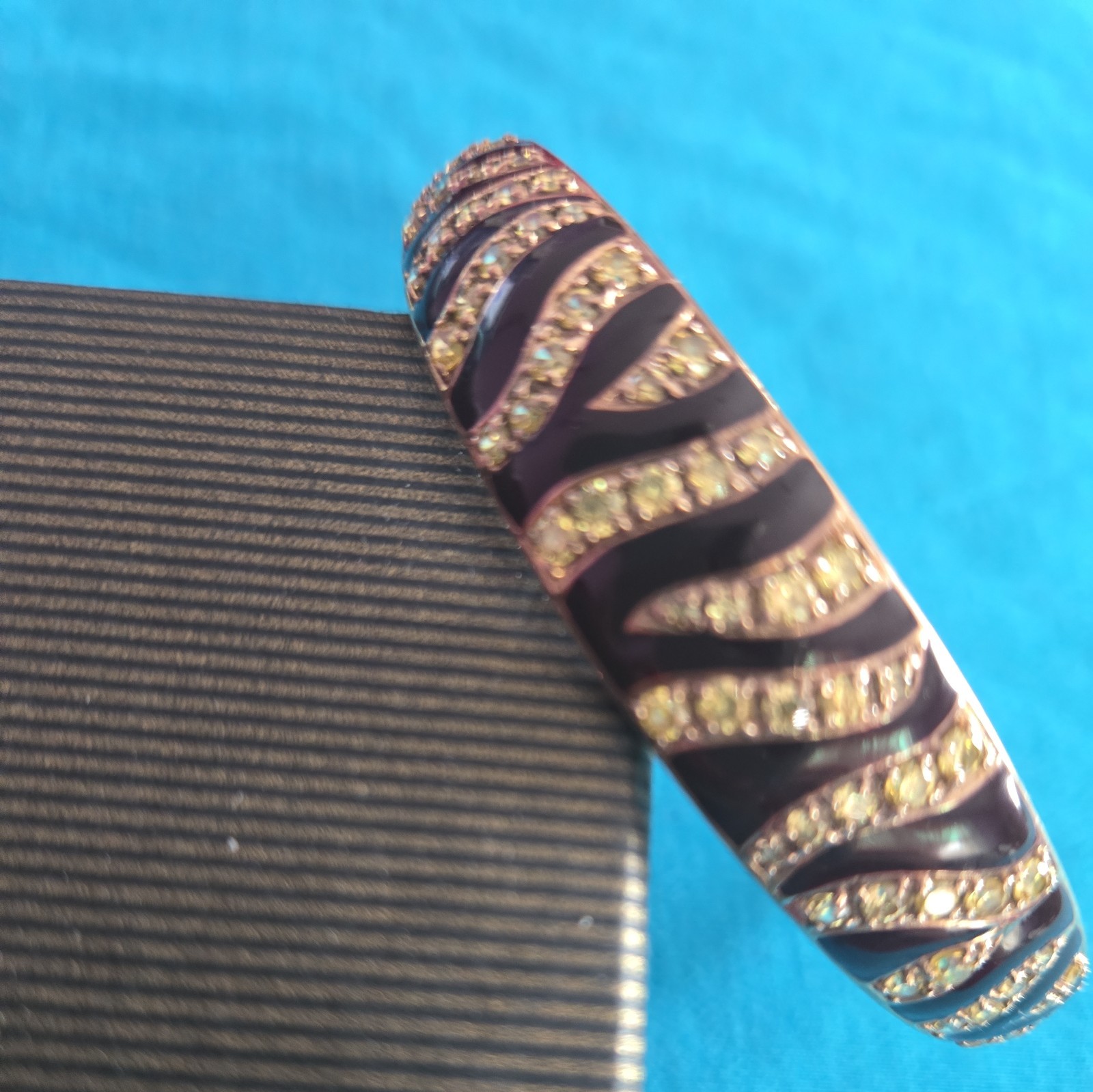 Sterling Silver 925Black Enamel RhinestoneGold Ton Bangle Bracelet Made in China