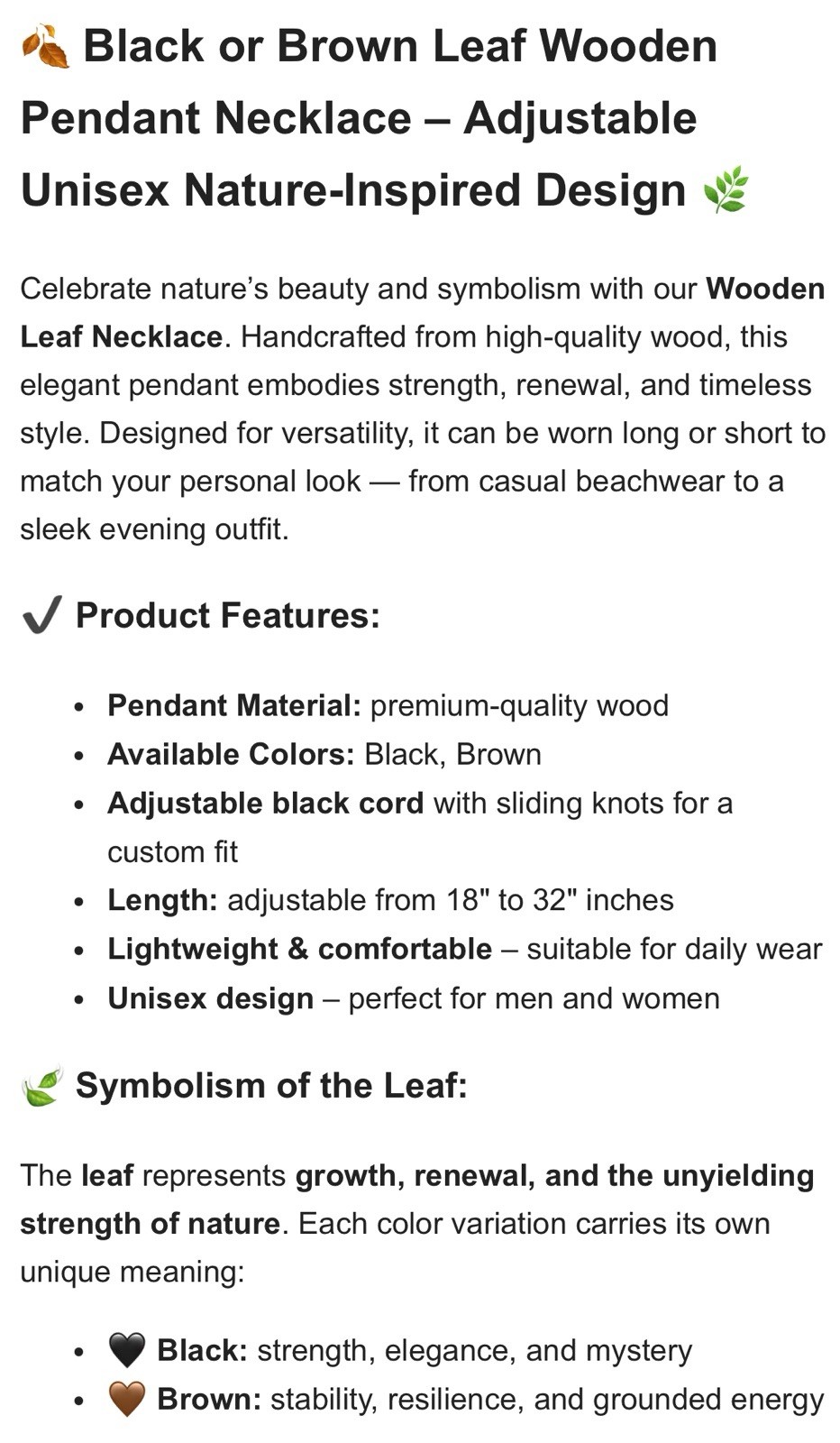 Black or Brown Leaf Necklace Wooden Pendant Adjustable Unisex Nature Jewelry