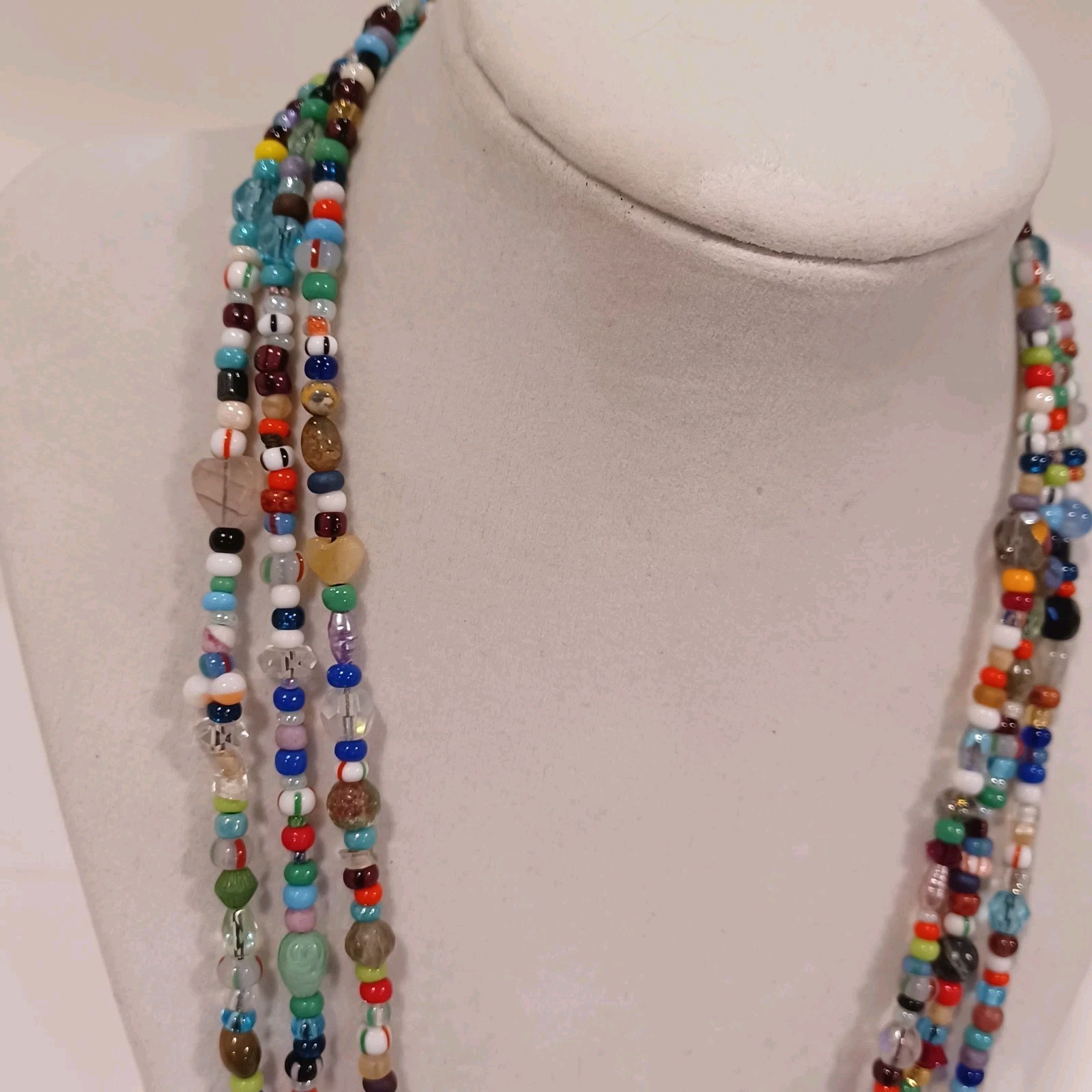 Long Glass Beaded Necklace 34″ Colorful 100s Of Glass Beads Round Hearts Oval
