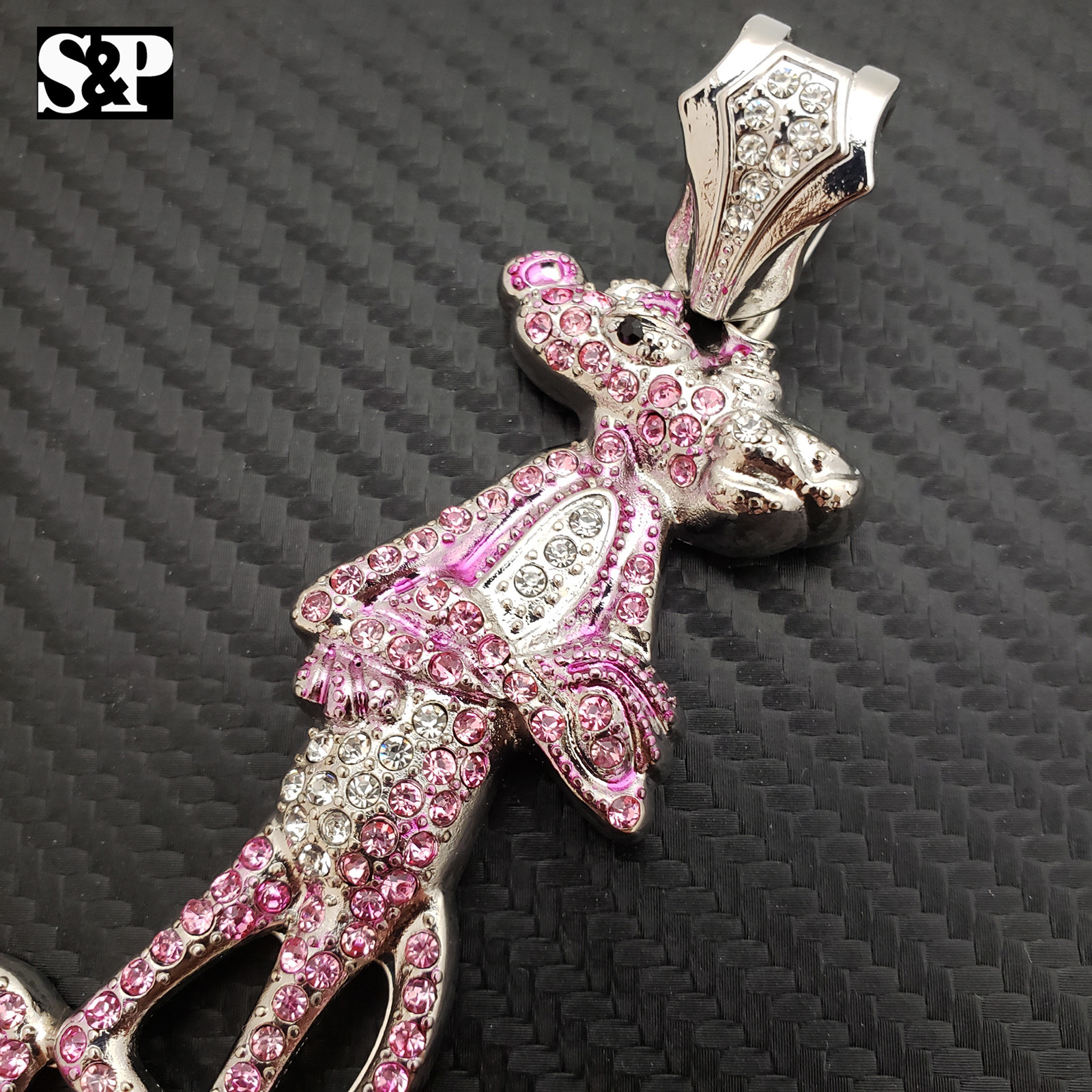 PINK PANTHER HIP HOP ICED WHITE GOLD PLATED CUBIC ZIRCONIA LARGE BLING PENDANT