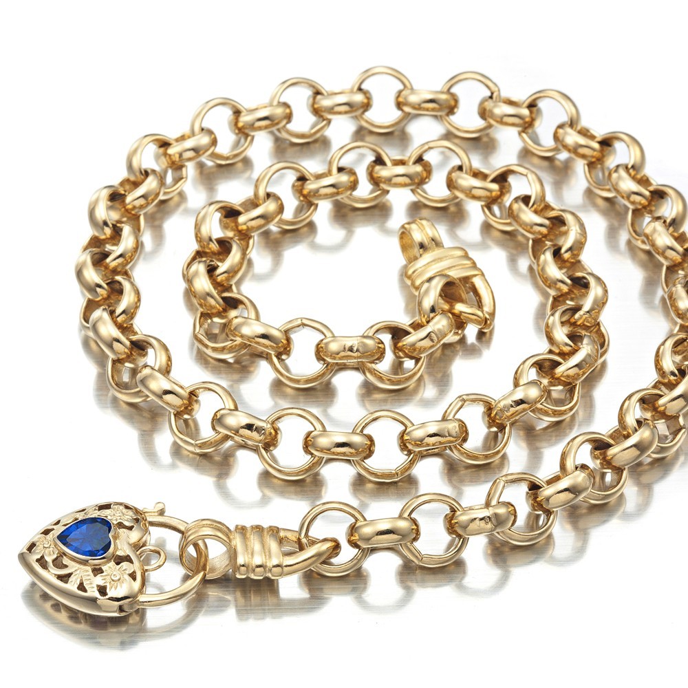 18KGL Thick Solid Rolo Yellow Gold Necklace Filigree Heart Padlock Sapphire Blue