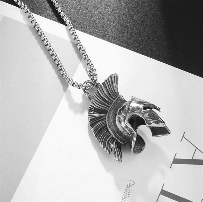 Roman Spartan Warrior Mask Helmet Jewelry Vintage Silvery Pendant Necklace