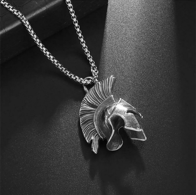 Roman Spartan Warrior Mask Helmet Jewelry Vintage Silvery Pendant Necklace