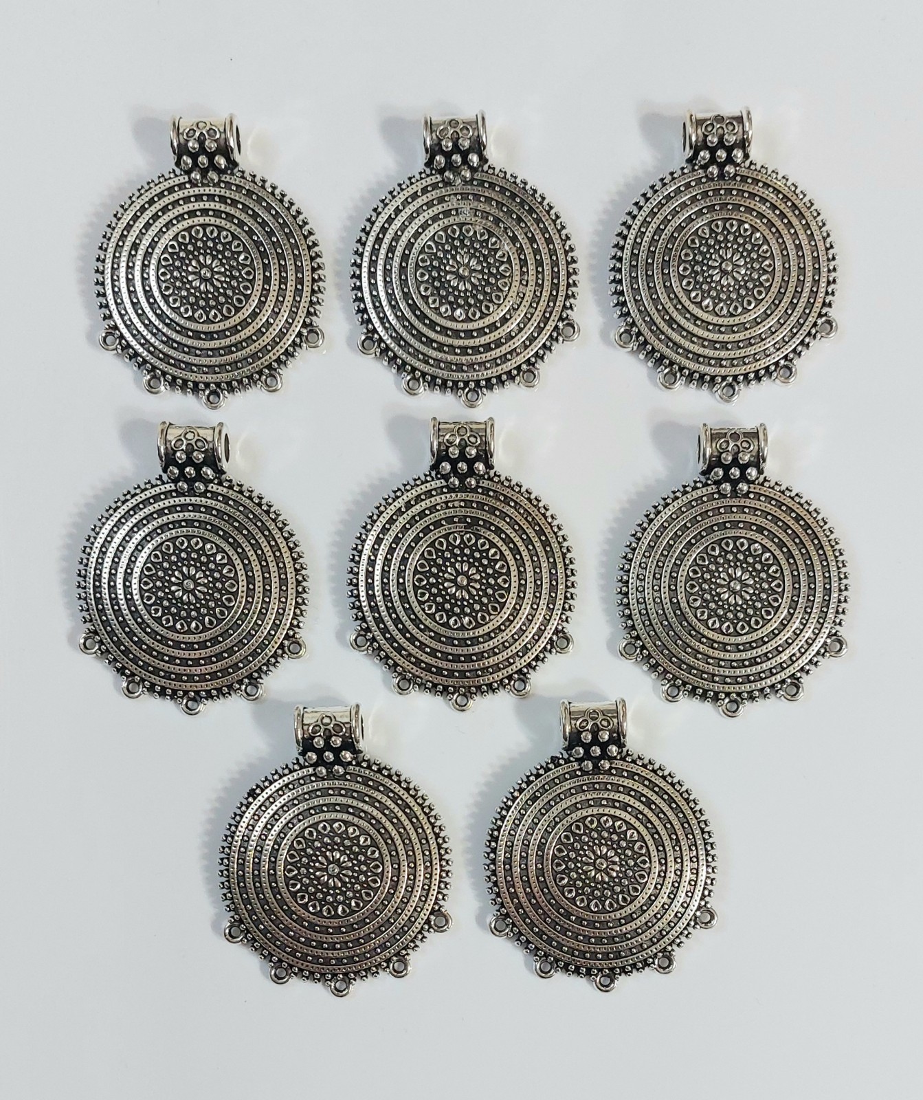 Boho Silver Tone Round Pendant Charms – Set of 8
