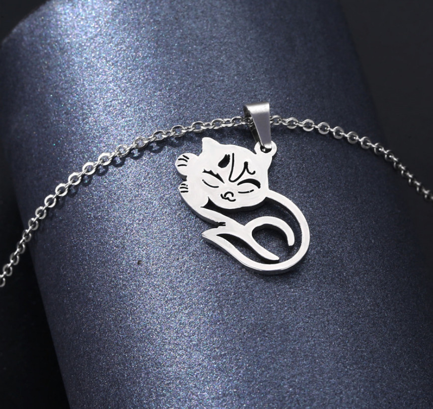 Unisex Punk Silver Sleeping Cat Titanium S.Steel Pendant Kitten Chain Necklace