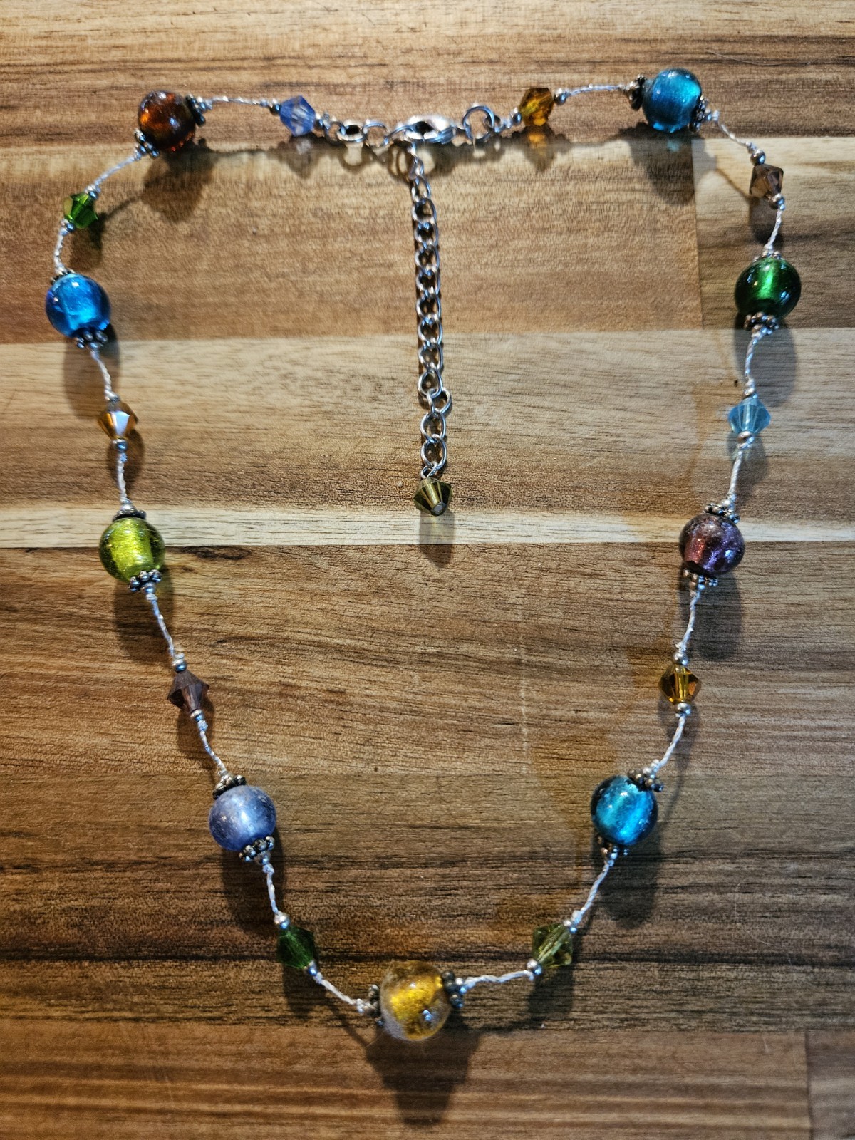 Variety of Colorful Artist-made Glass Beads On A Silver Tone Chain Necklace