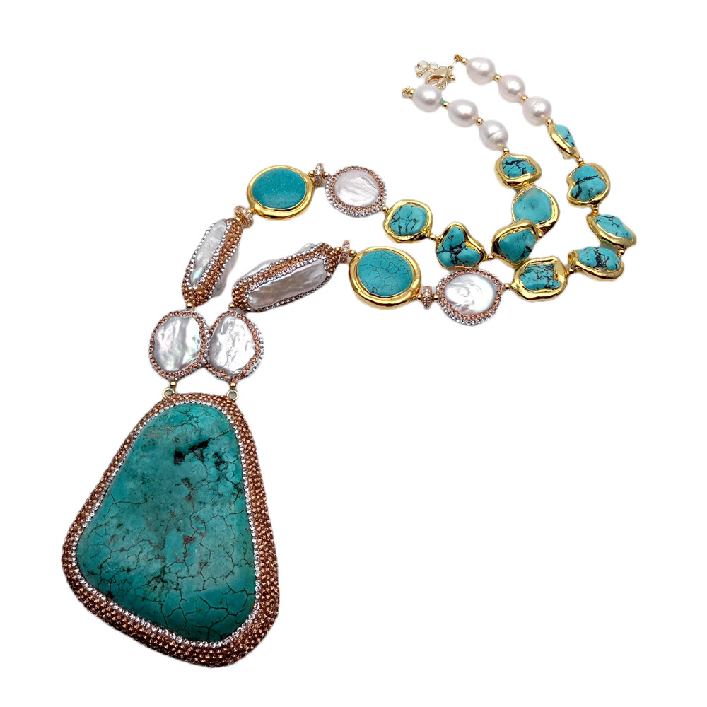 Cultured White Coin Pearl Biwa Pearl Turquoise Necklace Big Turquoise Pendant
