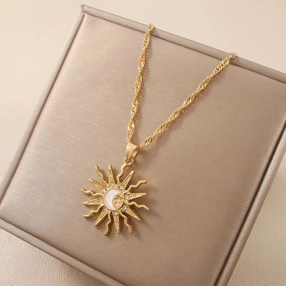 Sun Moon Star Rhinestone Pendant Necklace Retro Women Party Jewelry Gift Charm