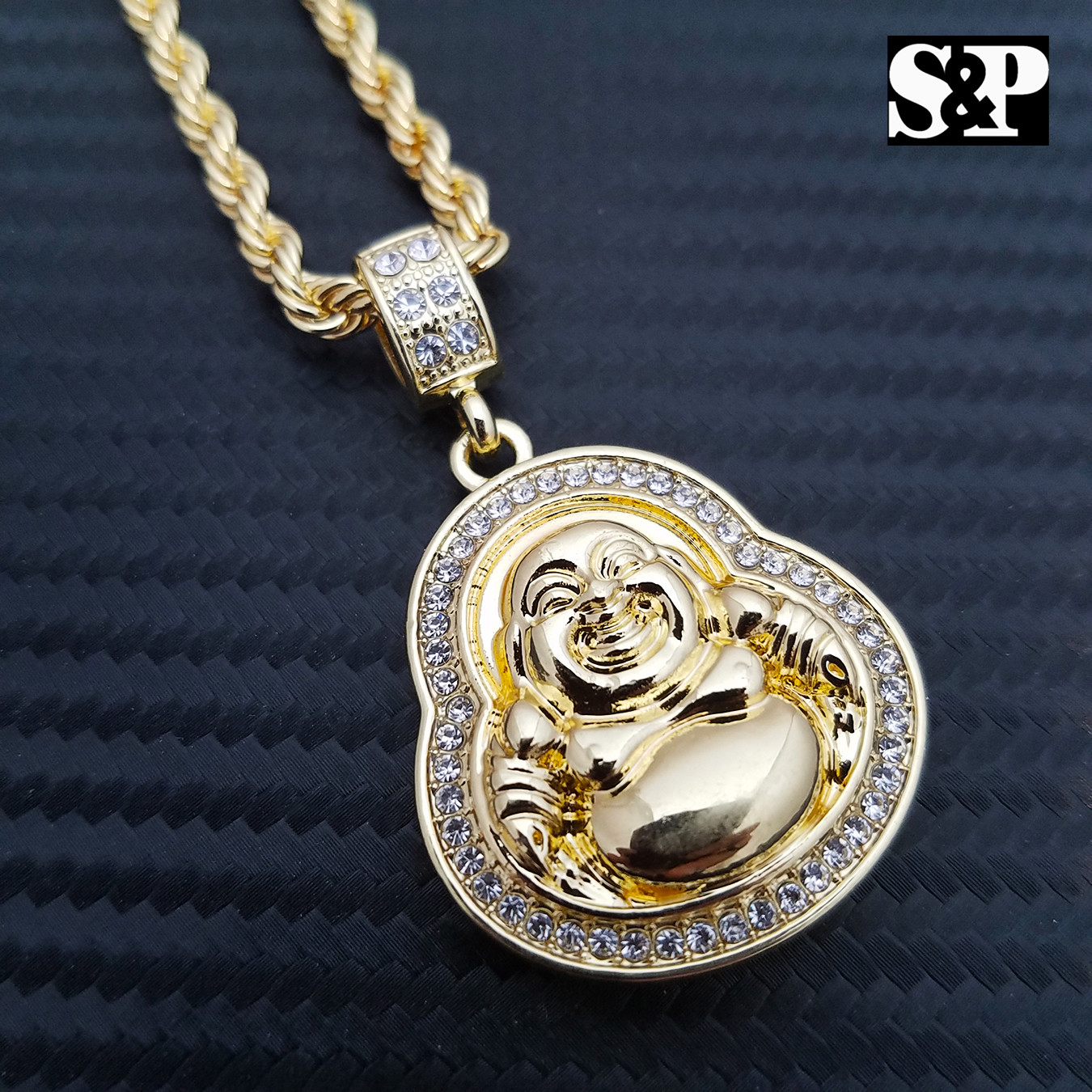 Unisex Lab Diamonds Lucky Happy Buddha Pendant & 4mm 24″ Rope Chain Necklace