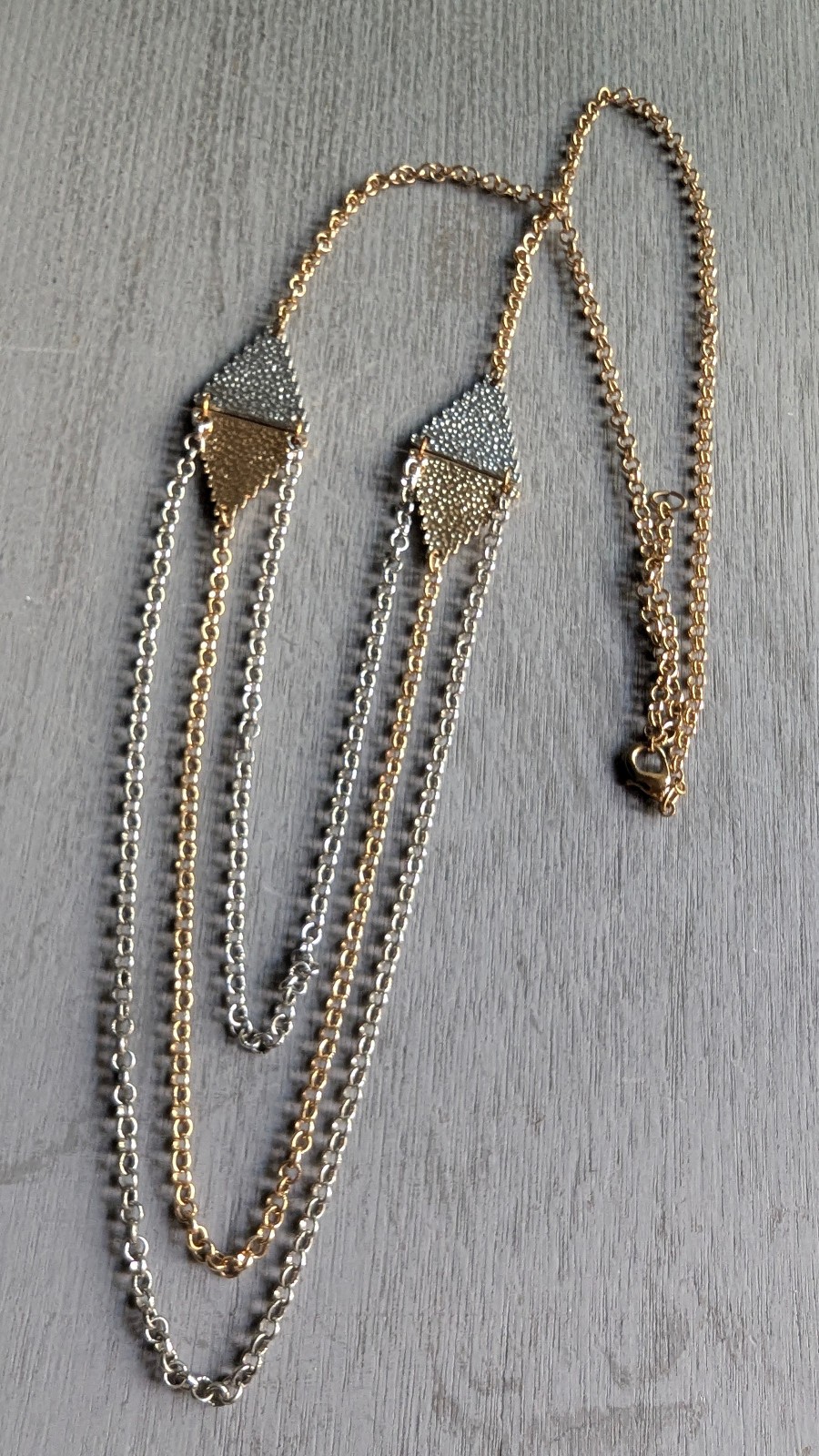 Layered Chain Necklace Three Strands, Two-Tone, Gold Silver 33″ Long Necklace