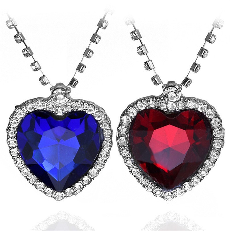 Sterling Silver Plated Blue Red Titanic Ocean Heart Pendant Necklaces For Women