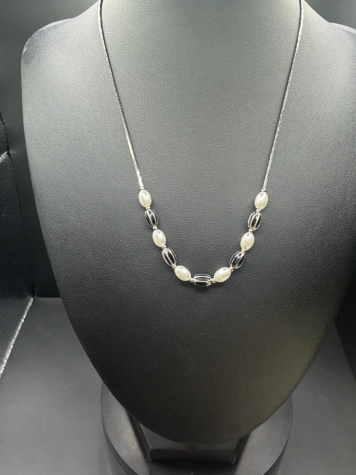 Silver tone Snake Chain White Pearl Station Necklace Spring Ring Signed