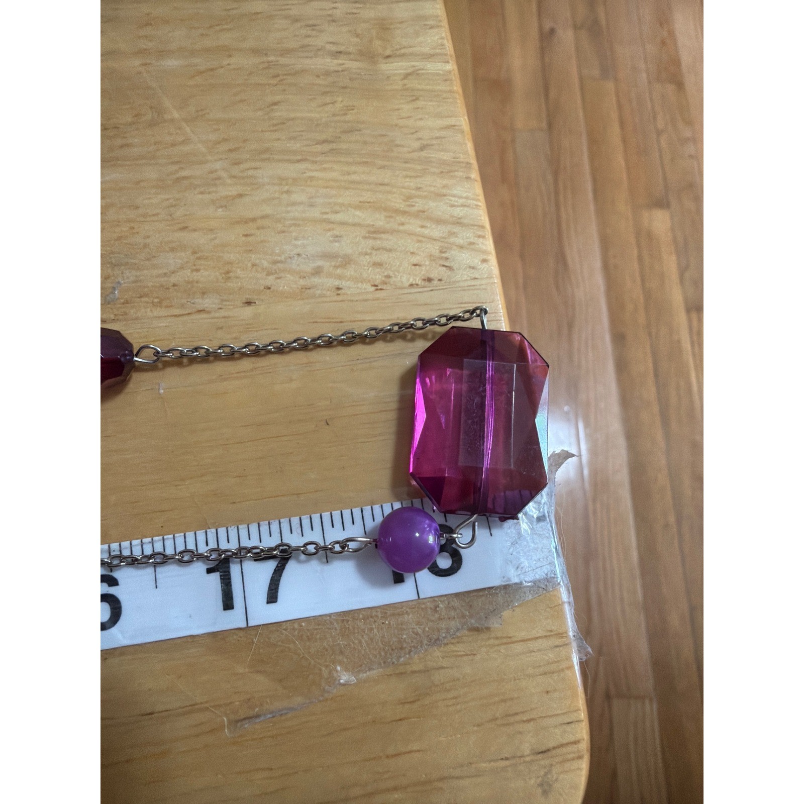 Long Purple Beaded Station Necklace Silver Tone Chain Emerald Cut Acrylic Layer
