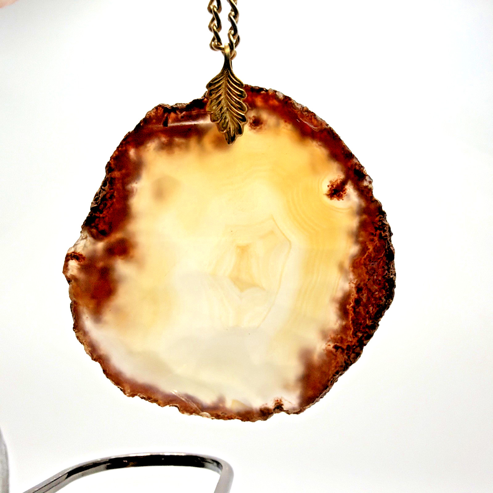 Coffee Colored Agate Slice Pendant Necklace Large Gold Toned Size