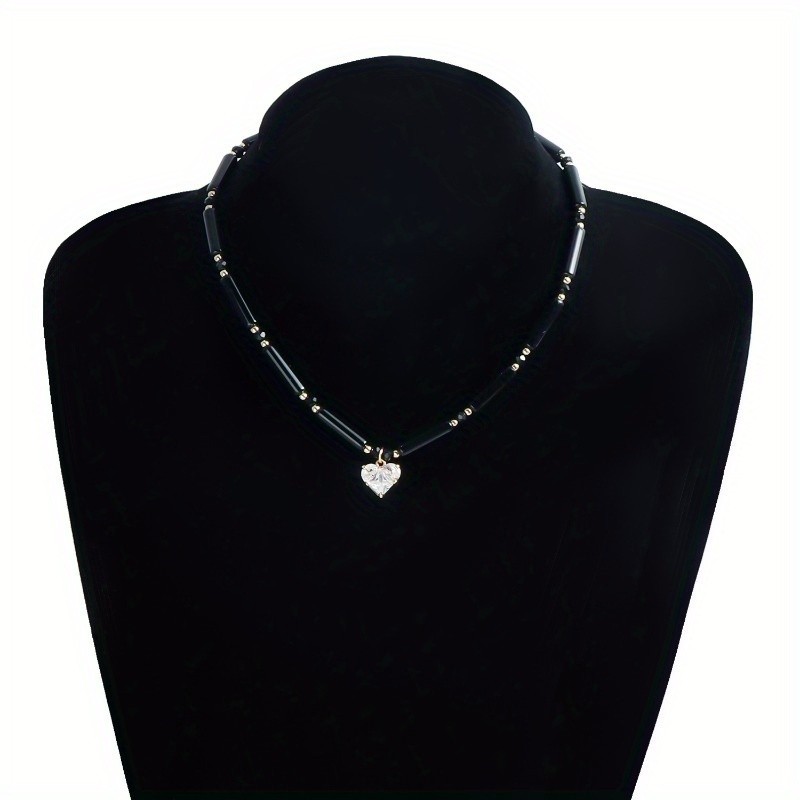 Women’s Zircon Heart Pendant Collarbone Chain Splicing Alloy Bead Necklace