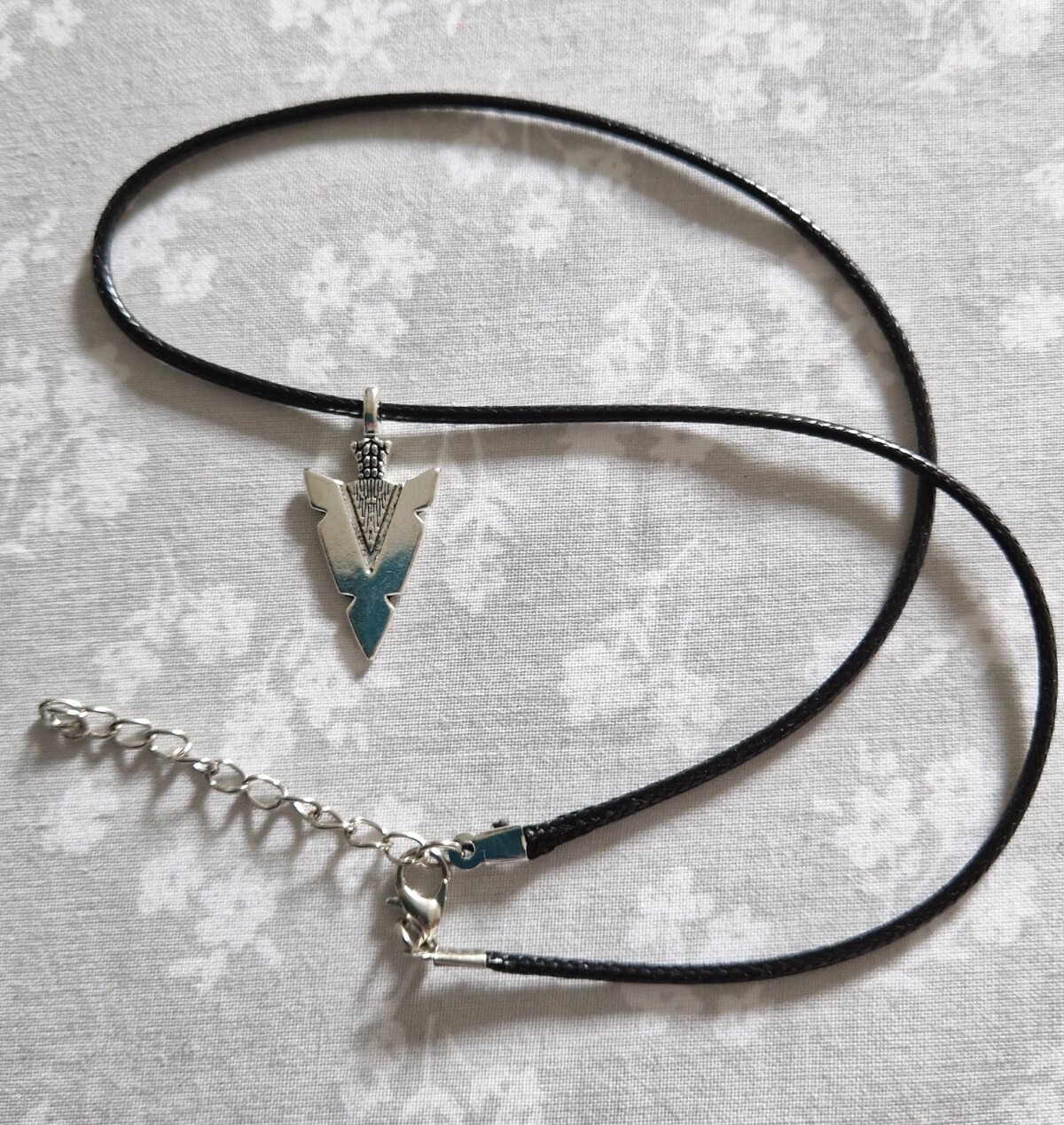 Tibetan silver arrow head charm necklace on faux leather neck cord, unisex, gift
