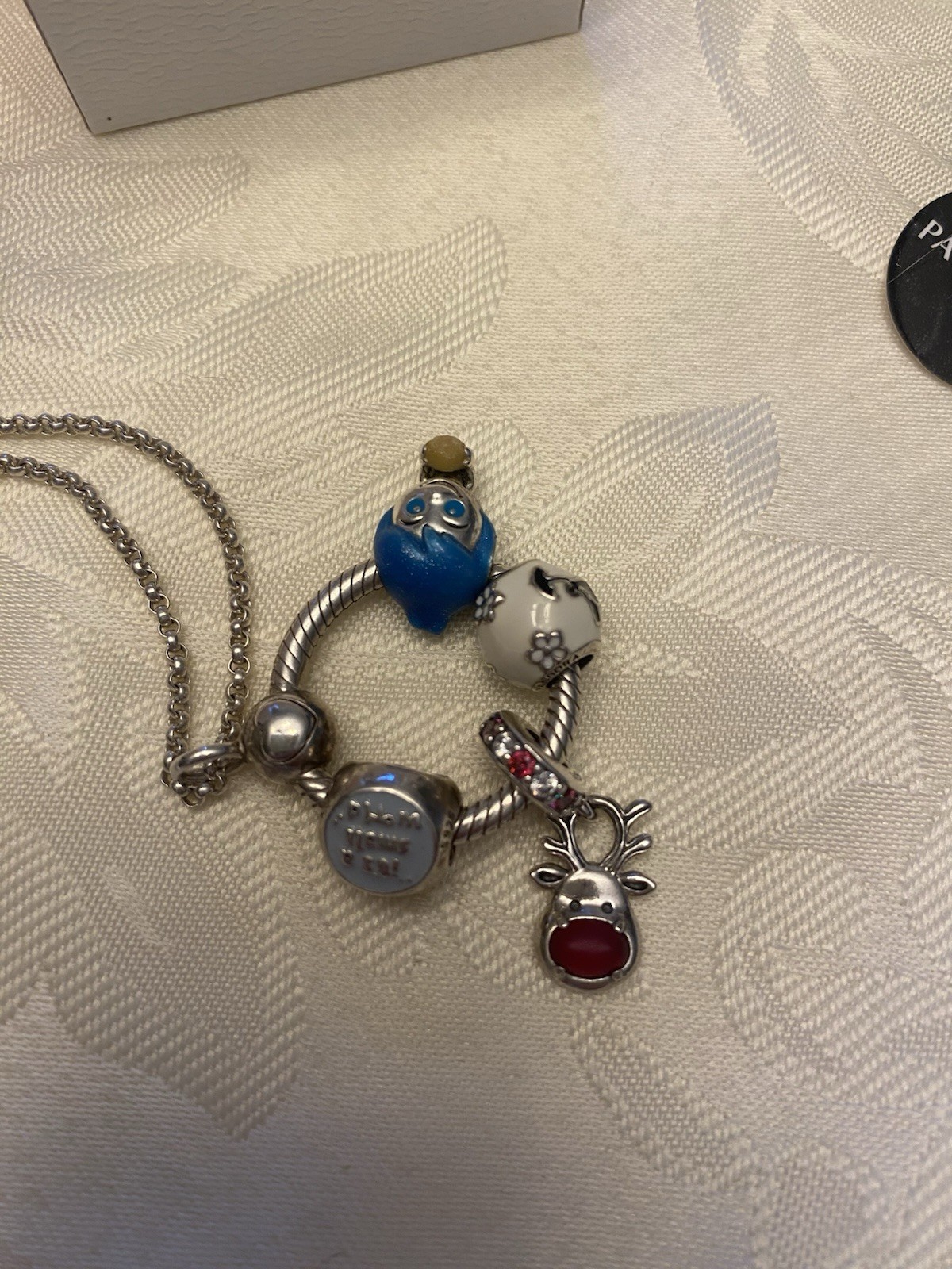 Pandora necklace & O Ring Pendant Holder, Disney Charms & Rudolph (all Pandora)