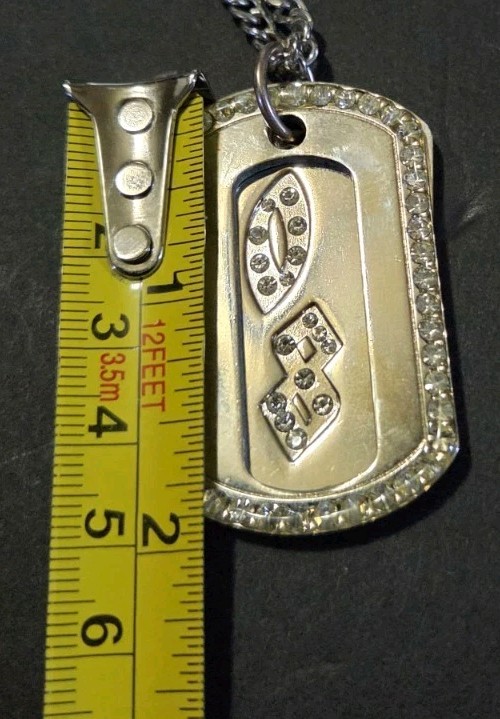 Double Dog Tag Necklace Silver Tone Clear Rhinestones 08 Bling 34.5″