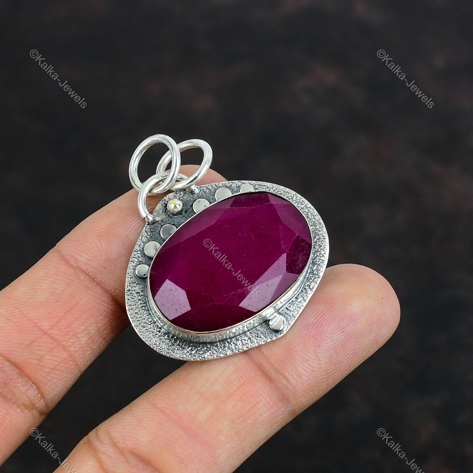 Natural Kashmir Rubi Gemstone Pendant Red 925 Sterling Silver Indian Jewelry