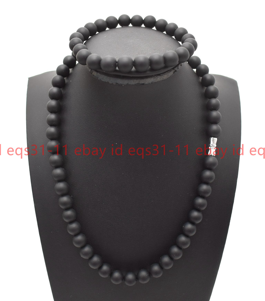 Genuine 6/8/10mm Matte Black Agate Round Gemstone Beads Necklace Bracelet Set